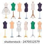 Cartoon tailor mannequins. Mannequin dummy fashion designer or tailors garment sewing studio, women men torso model seamstress atelier hanger clothes, ingenious vector illustration of dummy set