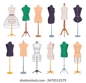 Cartoon tailor mannequins. Mannequin dummy fashion designer or tailors garment sewing studio, women men torso model seamstress atelier hanger clothes, ingenious vector illustration of dummy set