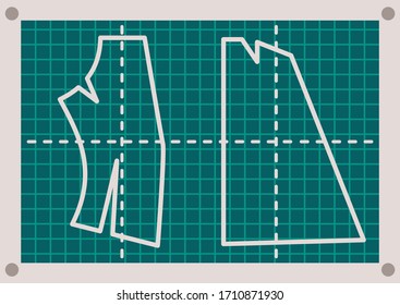 Cartoon tailor pattern of fashionable cloth. Pattern of shirt, sweater or dress at green background with marked fields and dotted line. Concept of modern pattern in sewing shop. Vector illustration