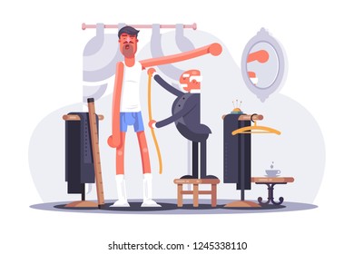 Cartoon tailor taking measures flat poster. Clothier standing on chair and measuring man client at dressmaker studio vector illustration. Men fashion concept. Clothes shop Interior