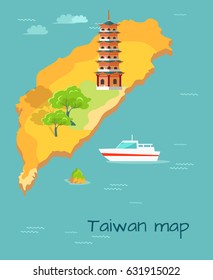 Cartoon Taiwan Map with Dragon Tiger Tower, green trees and white boat. Chinese island in Pacific Ocean vector illustration. Excurtion to famous historical building. Exotic Oriental country travel.