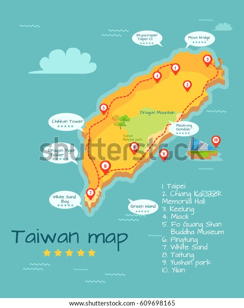 Cartoon Taiwan Map Famous Places Interest Royalty Free