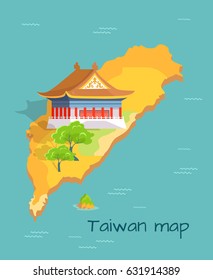 Cartoon Taiwan map with traditional Asian house and green trees with sign. Chinese island in Pacific Ocean vector illustration. China landscape on small part of world map. Trip to Oriental country.