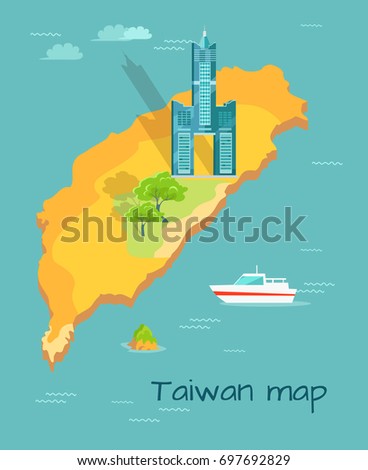 Cartoon Taiwan map with Tuntex Sky Tower, green trees and small boat. Chinese island in Pacific Ocean vector illustration. Oriental country exploration trip. World famous skyscraper marked on map.