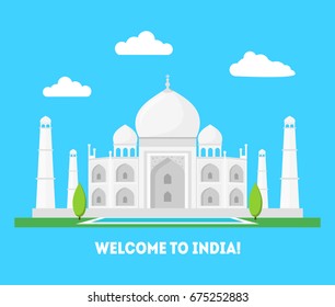 Cartoon Taj Mahal Symbol of India Background Tourism Concept. Vector illustration