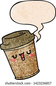 cartoon take out coffee with speech bubble in retro texture style