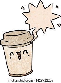 cartoon take out coffee with speech bubble in retro texture style
