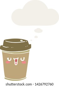 cartoon take out coffee with thought bubble in retro style