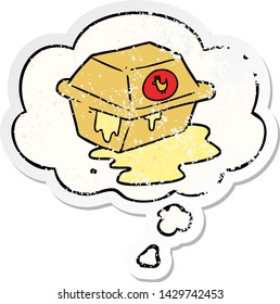 cartoon take out with thought bubble as a distressed worn sticker