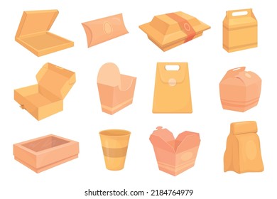 Cartoon Takeaway Boxes. Takeout Bag Disposables Food Box, Take Away Package Delivery Meal Paper Or Cardboard Wrapper For Noodles Burger Pizza Roll Lunch, Neat Vector Illustration. 3D Illustration