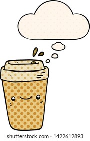 cartoon takeaway coffee with thought bubble in comic book style