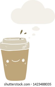 cartoon takeaway coffee with thought bubble in retro style
