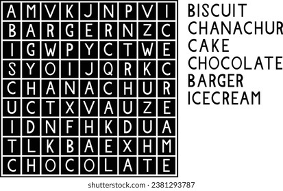 Caricatura que toma caracteres de comida rápida, juego de rompecabezas de búsqueda de palabras, hoja de cálculo vectorial. Los niños revisan la cuadrícula para buscar y encontrar palabras amables de galleta, chanacur, pastel, chocolate, barger y helado