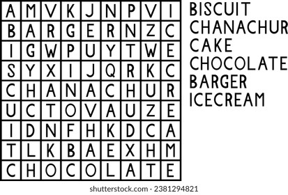 Cartoon takeaway fast food  characters, word search puzzle game, vector worksheet. Kids quiz grid to search and fond words of biscuit,chanachur, cake, chocolate, barger and icecream