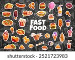 Cartoon takeaway fast food stickers pack featuring vector burger, pizza, ice cream cone, hot dog, and popcorn bucket. Corn dog, french, fries, chicken drumstick and wings, onion ring, sandwich, soda