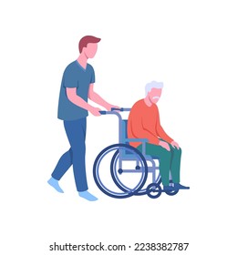 Cartoon Taking Care of Seniors Concept Flat Design Style. Vector illustration of Caretaker and Grandfather Pensioner with Wheelchair