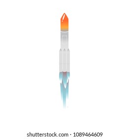 Cartoon taking off rocket icon. Silver colored spaceship, space transportation. Space shuttle, symbol of science, cosmos, space exploration, business startup creativity. Vector isolated illustration