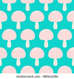 Cartoon tale mushroom seamless pattern. Pink fly-agaric fungus turquoise background.