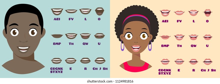 Cartoon Talking Black Woman and Man Expressions. Mouth and Lips Vector Animation Poses for Video Blog. English Accent and Pronunciation, Tongue and Articulation