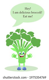 Cartoon talking broccoli. Broccoli with face, arms and legs. A living character. Food for children.