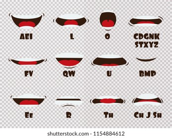 Cartoon talking mouth and lips expressions vector animations poses isolated on transparent background. Mouth talk, animation movement practice, english say disassembled, separated letter illustration