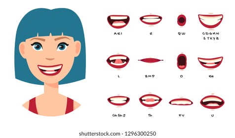 Cartoon talking mouth and lips expressions vector animations poses. Accent and pronunciation speak, tongue and articulate illustration