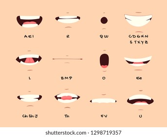 Cartoon talking mouth and lips expressions vector animations poses. Accent and pronunciation speak, tongue and articulate illustration