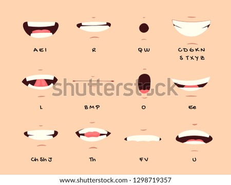 Cartoon talking mouth and lips expressions vector animations poses. Accent and pronunciation speak, tongue and articulate illustration