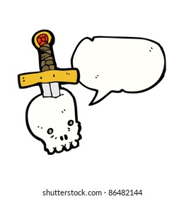 cartoon talking skull with sword in tattoo
