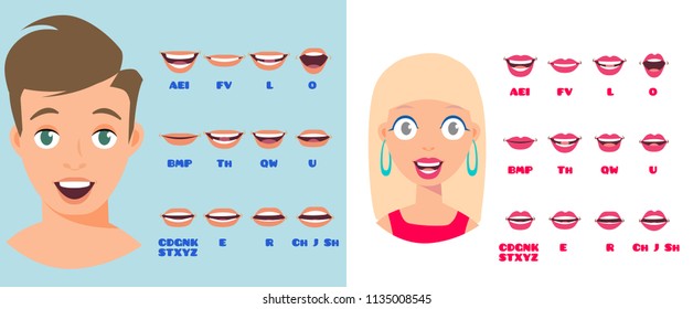 Cartoon Talking White Woman and Man Expressions. Mouth and Lips Vector Animation Poses for Video Blog. English Accent and Pronunciation, Tongue and Articulation