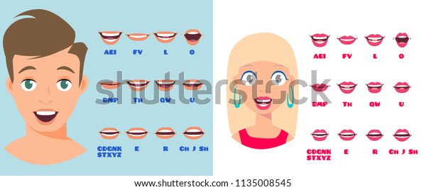 Cartoon Talking White Woman and\
Man Expressions. Mouth and Lips Vector Animation Poses for Video\
Blog. English Accent and Pronunciation, Tongue and\
Articulation