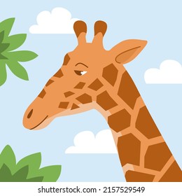 Cartoon tall giraffe. Head animal. Eating tree leaves. African herbivore mammal. Zoo and safari. Vector isolated baby illustration