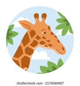 Cartoon tall giraffe. Head animal. Eating tree leaves. African herbivore mammal. Zoo and safari. Vector isolated baby illustration icon