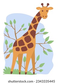 Cartoon tall giraffe. Head animal. Eating tree leaves. African herbivore mammal. Zoo and safari. Vector isolated baby illustration