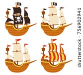 Cartoon tall ship illustration set. Pirate ship with Jolly Roger flag and black sails, and traditional sailboats. Isolated vector drawing.