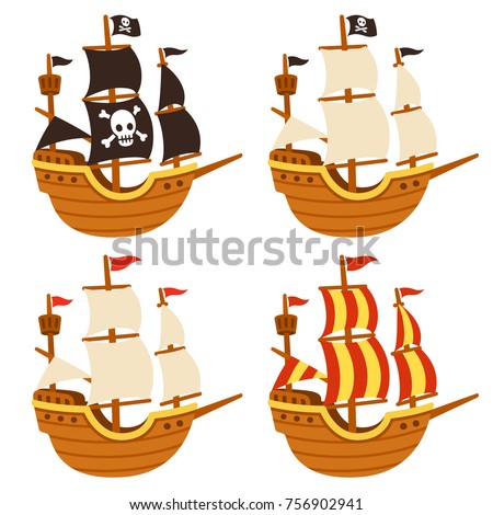 Cartoon tall ship illustration set. Pirate ship with Jolly Roger flag and black sails, and traditional sailboats. Isolated vector drawing.