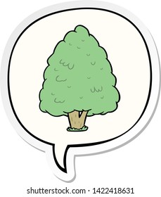árbol alto de dibujos animados con pegatina de burbuja de habla