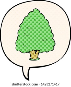árbol alto de dibujos animados con burbuja de habla en el estilo de un libro de historietas