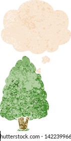 cartoon tall tree with thought bubble in grunge distressed retro textured style