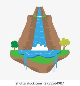 Cartoon tall waterfall flowing down steep brown mountains with trees grass and clear blue water perfect for nature illustration eco design and scenic outdoor art flat style