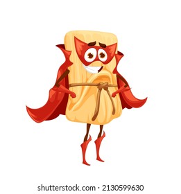 Cartoon tamales superhero character. Mexican fast food meal funny personage in mask, gloves and cape. Isolated tamales cheerful vector character, street restaurant comical mascot