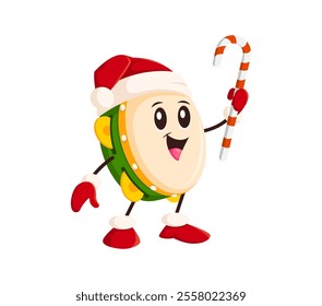 Cartoon tambourine character wearing Santa hat and festive attire holding candy cane, celebrating winter Christmas holiday. Isolated vector cute musical instrument personage enjoying Xmas festivities