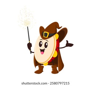 Cartoon tambourine Halloween mage and wizard musical instrument character with a pointed hat, cloak, and boots, holding a magic wand with sparkling effects, blends music and magic in a playful way