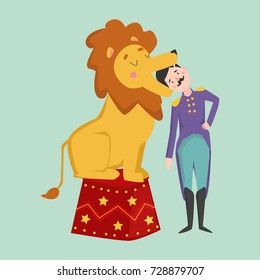 Cartoon Tamer Animal Train Lion Opened Mouth Circus Show Performance And Character Entertainment Wildlife Man Vector Illustration.