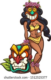 Cartoon tan woman wearing a Tiki mask clip art. Vector illustration with simple gradients. All in a single layer. 
