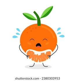 Сute cartoon tangerine is crying hard while holding a slice of tangerine  in his hands. Vector flat illustration isolated on white background.