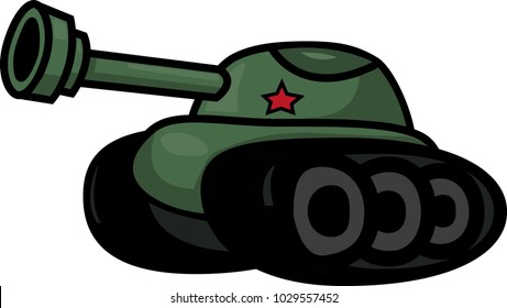 Cartoon tank, armored vehicle icon, vector illustration isolated on white background. Green toy tank, fighting armored vehicle.