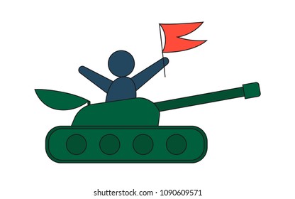 Cartoon tank in a flat style. Man with red flag.