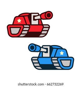 Cartoon tank icons, red and blue opponent forces. Game art or infographic element vector illustration.