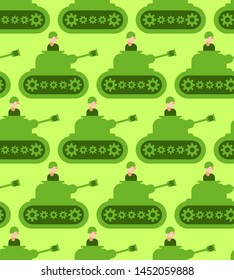 Cartoon tank and trooper pattern seamless. Childrens soldier background. Vector Texture. weapon attack ornament